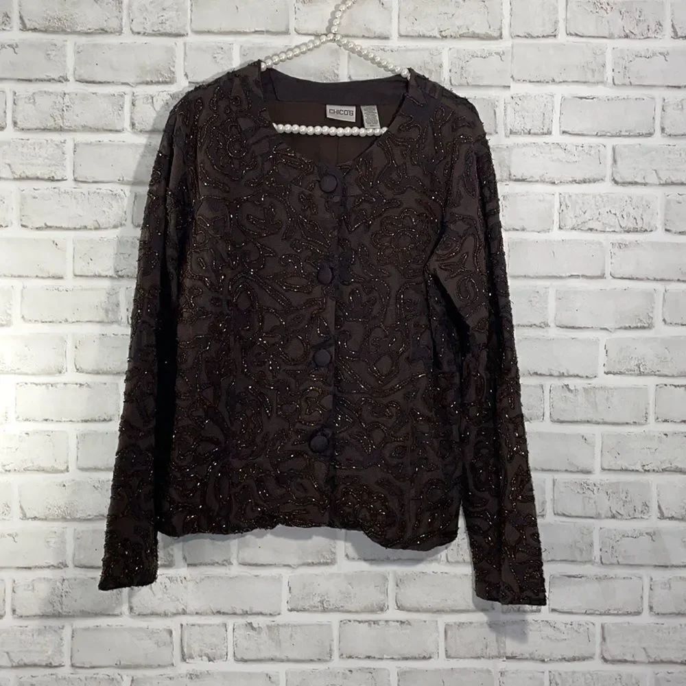Chico’s Beaded Embroidered Brown Evening Jacket Size 1 or Small Classy Elegant